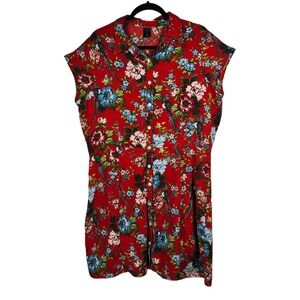 City Streets Dress Women XXL Red Floral Bird Print Button Down Cap Sleeve Beachy
